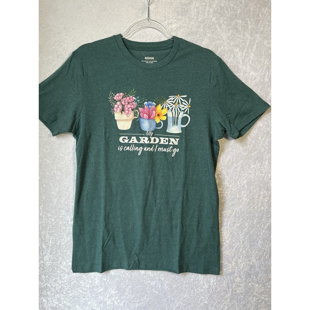 Women's Crew Neck Cap Sleeve Cotton Blend Teal Blue Garden Print Tee Top Size M